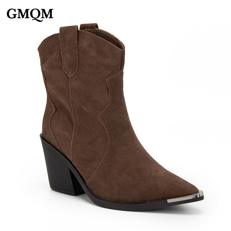Western Cowgirl Boot - รองเท้าบูทข้อเท้าผู้หญิง GMQM 2025 สีน้ำตาล สไตล์คาวบอย ตะวันตก