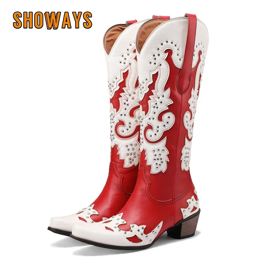 Western Cowgirl Boot - รองเท้าบูทคาวบอยผู้หญิงสไตล์ตะวันตก สีน้ำเงิน-แดง ผสมสี ปลายแหลม ส้นสูง แบบเรโทร