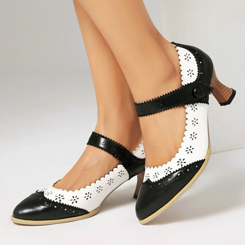 Women'S Xti Shoes - รองเท้าส้นเตี้ยแบบแมรี่เจนสองสีสำหรับผู้หญิง ดีไซน์โปร่งลายฉลุขอบหยัก สายรัดแบบกระดุม ส้นเตี้ย หัวมน สไตล์วินเทจเรโทร