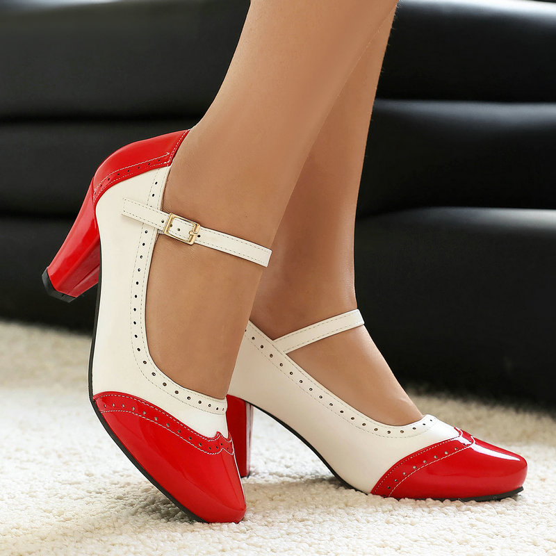 Women'S Xti Shoes - รองเท้าแมรี่เจนผู้หญิง หนังแก้ว ส้นบล็อก สไตล์เรโทร ทูโทน ลายโบรก