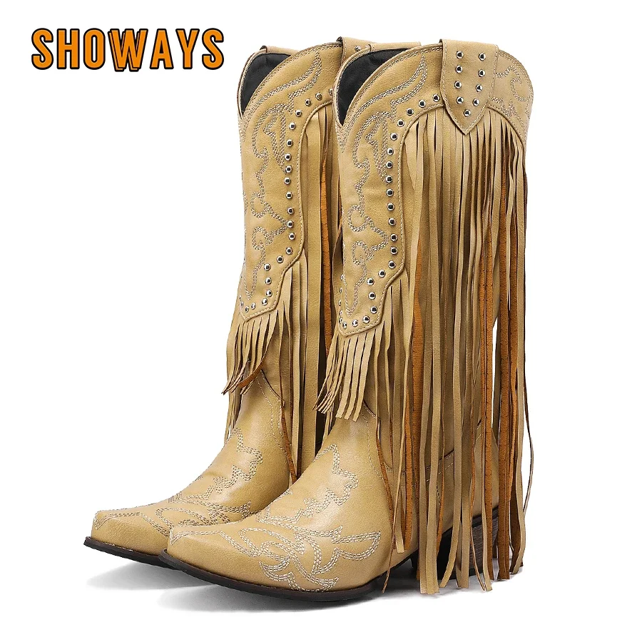 Western Cowgirl Boot - Fringe Rivet Western ผู้หญิงกลางลูกวัวรองเท้าบูทสีแดงสีเหลืองเย็บปักถักร้อยรองเท้าส้นสูงฤดูหนาว Party Slip