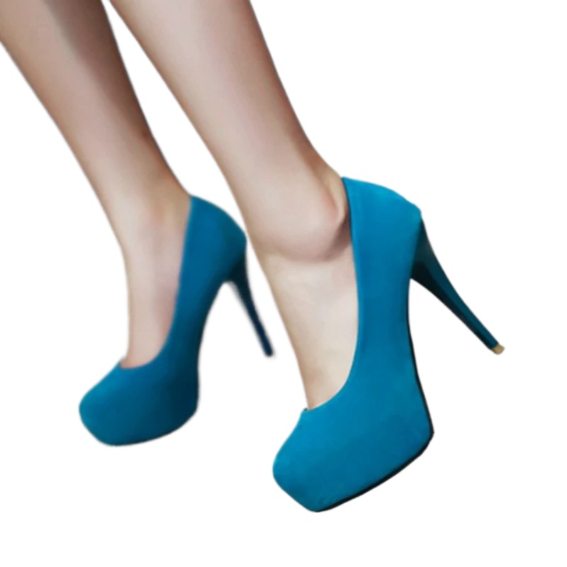 Women Shoes Jd - แฟชั่นหรูหรา ไซส์ใหญ่ 33-45 รองเท้าส้นสูงหัวมน ผู้หญิง รองเท้าส้นตึกสีน้ำเงิน