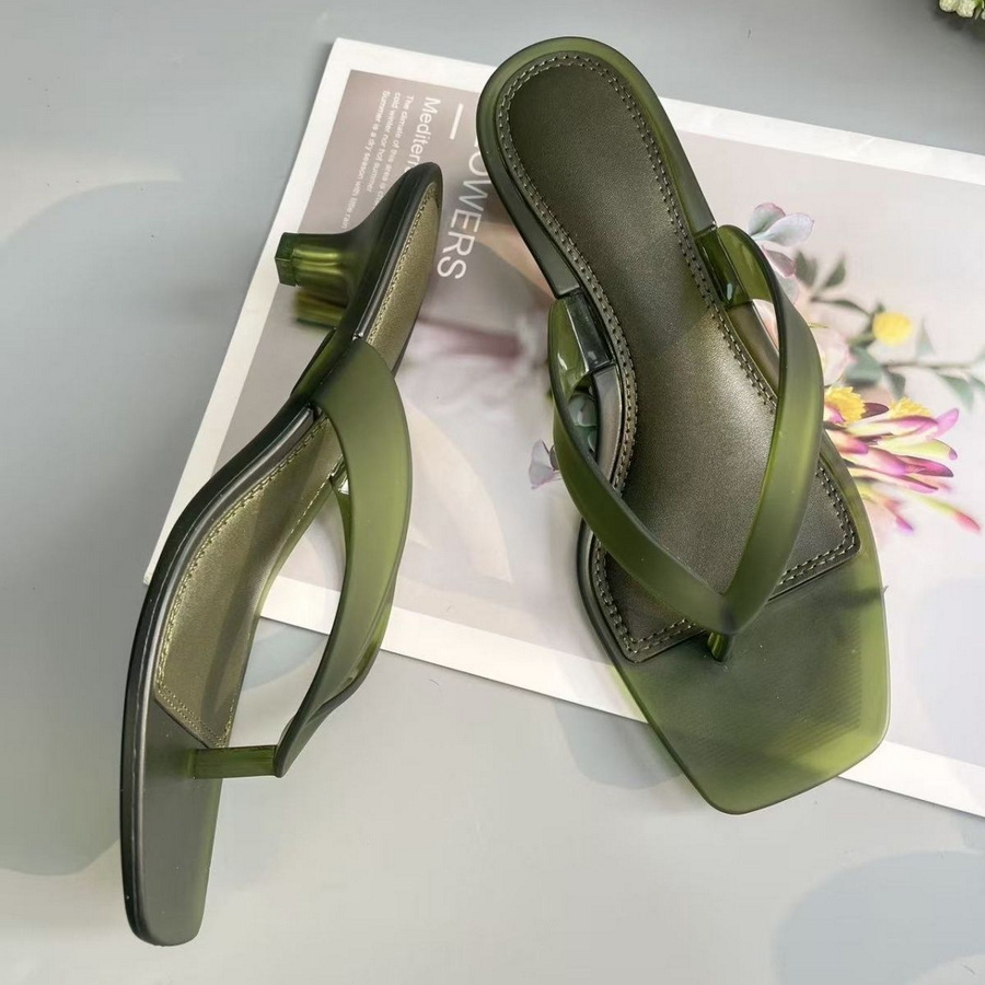 Square Toe Mule - รองเท้าแตะแบบสวมสีเขียวมะกอก PVC สไตล์เกาหลี สำหรับผู้หญิง ส้นเตี้ยแบบใส หัวเหลี่ยม