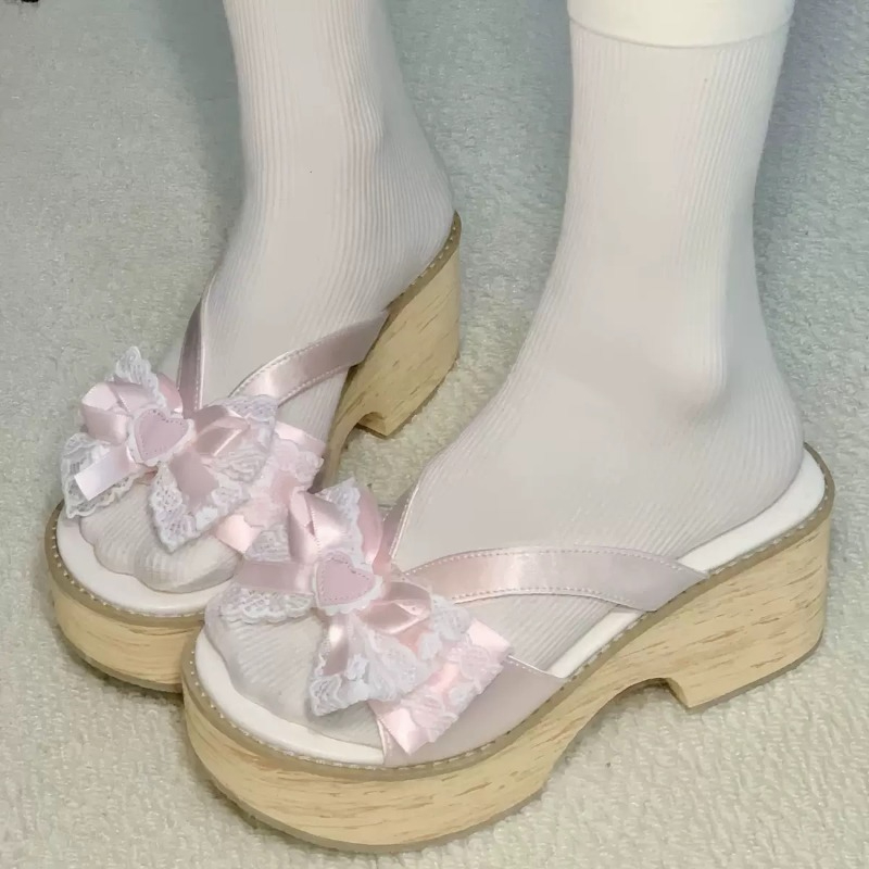 Square Toe Mule - รองเท้าแตะพื้นหนาลายไม้ Sweet Bow สไตล์ญี่ปุ่น สำหรับผู้หญิง ใส่สบาย