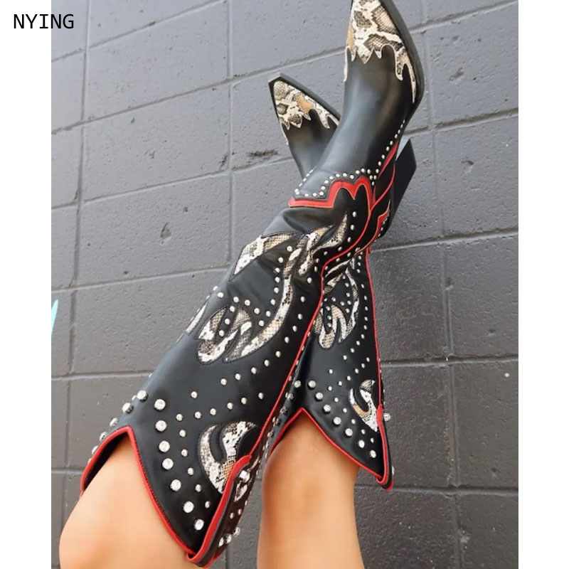 Western Cowgirl Boot - รองเท้าบูทคาวบอยปักลายสำหรับผู้หญิงไซส์ใหญ่ 44 ปี 2025 รองเท้าบูทสูงถึงเข่า ส้นหนา