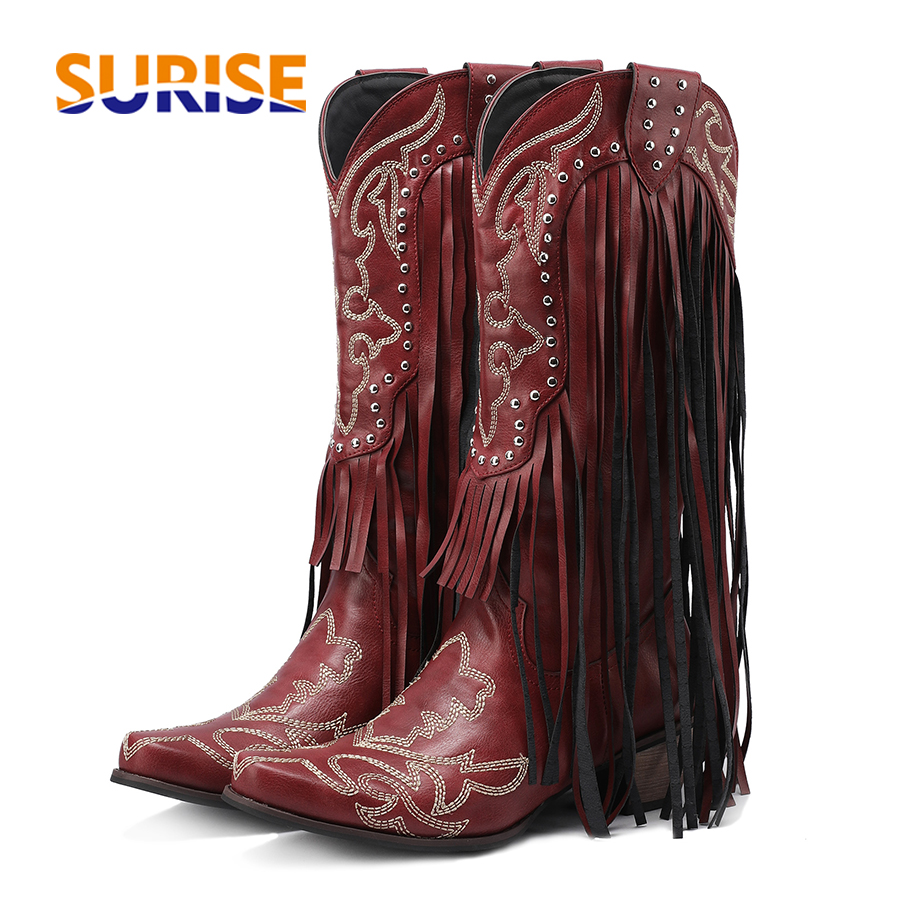Western Cowgirl Boot - รองเท้าบูทครึ่งน่องคาวบอยตะวันตกสำหรับผู้หญิงรองเท้าบูทครึ่งน่องปักขอบสีแดงสีดำมีรองเท้าส้นตึกสูงสำหรับปาร์ตี้