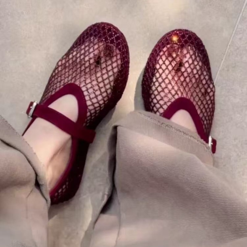Square Toe Mule - รองเท้าแตะแบบสวมประดับเพชรทรงกลวงสำหรับผู้หญิง รุ่นใหม่ปี 2026 ระบายอากาศได้ดี ดีไซน์ตาข่ายแบบถัก สไตล์แมรี่เจน