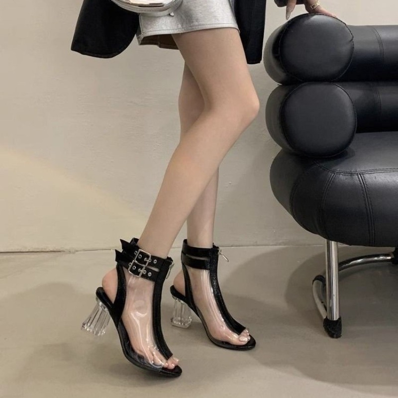 Square Toe Mule - รองเท้าส้นสูงแบบรัดส้นคริสตัล ซิป หัวกลม เปิดนิ้วเท้า สีบล็อค สายรัดโลหะ
