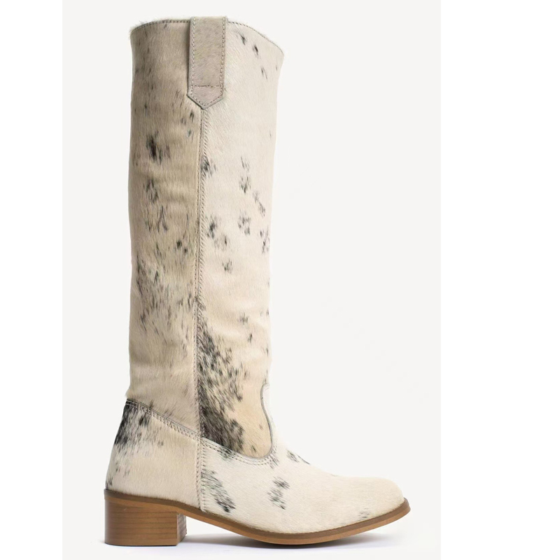 Western Cowgirl Boot - รองเท้าบูทส้นบล็อกทรงหัวมนลายวัวสำหรับผู้หญิง รองเท้าบูทคาวเกิร์ลสไตล์ตะวันตกแบบสวม รองเท้าบูทขี่ม้าทรงยาวลายจุดวินเทจ