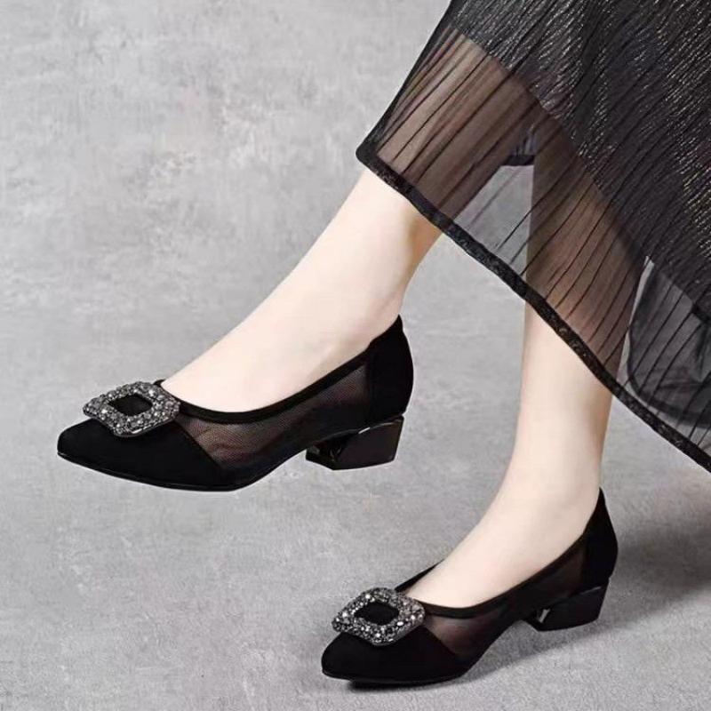 Women'S Shoes In Fashion - รองเท้าส้นบล็อกหัวแหลมแบบตาข่าย ดีไซน์หรูหรา ประดับหัวเข็มขัดสี่เหลี่ยมเพชรเทียม รองเท้าทรงเตี้ย ระบายอากาศได้ดี เหมาะสำหรับใส่ทำงานสำหรับผู้หญิง