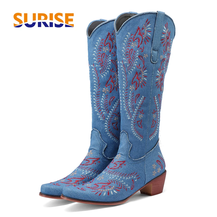 Western Cowgirl Boot - Blue Denim Western Cowgirl เข่ารองเท้าบูทสูงผู้หญิงเย็บปักถักร้อยดอกไม้คาวบอยรองเท้าส้นสูงรอบ Toe