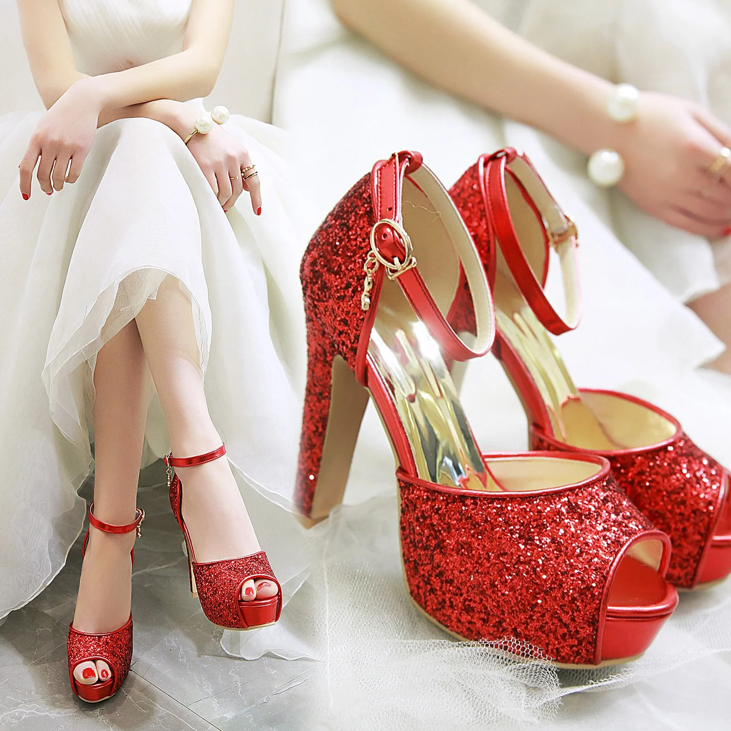 เงินฤดูร้อนผู้หญิงรองเท้าส้นสู - Ankle Strap Heels บทวิจารณ์และราคา