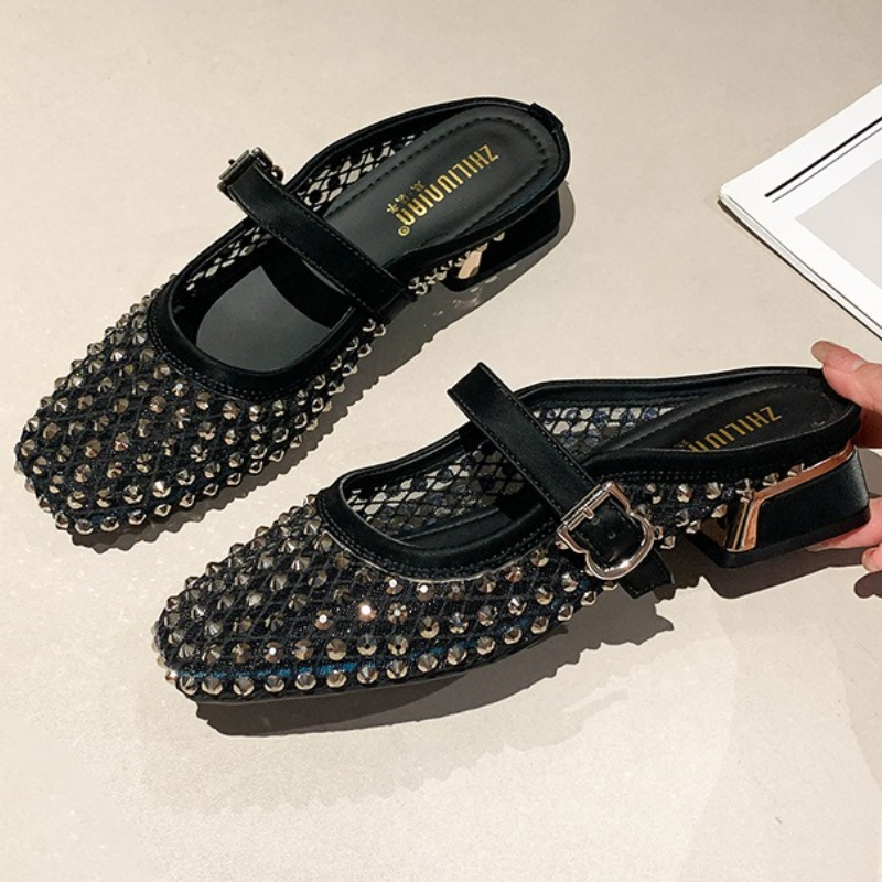 รองเท้าแตะส้นหนาประดับเพชรตาข่ - Square Toe Mule บทวิจารณ์และราคา