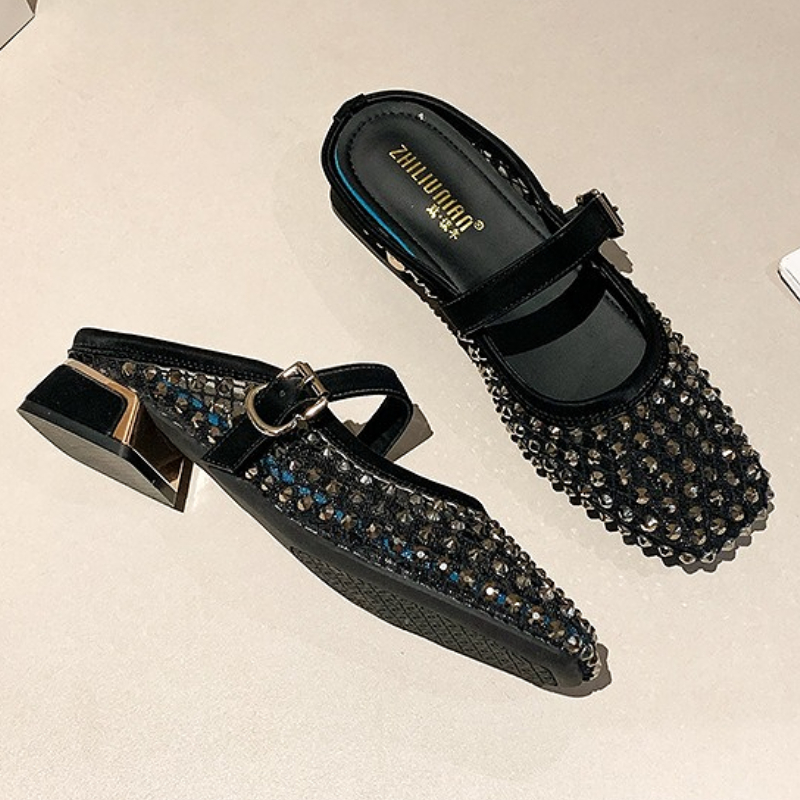 รองเท้าแตะส้นหนาประดับเพชรตาข่ - Square Toe Mule บทวิจารณ์และราคา