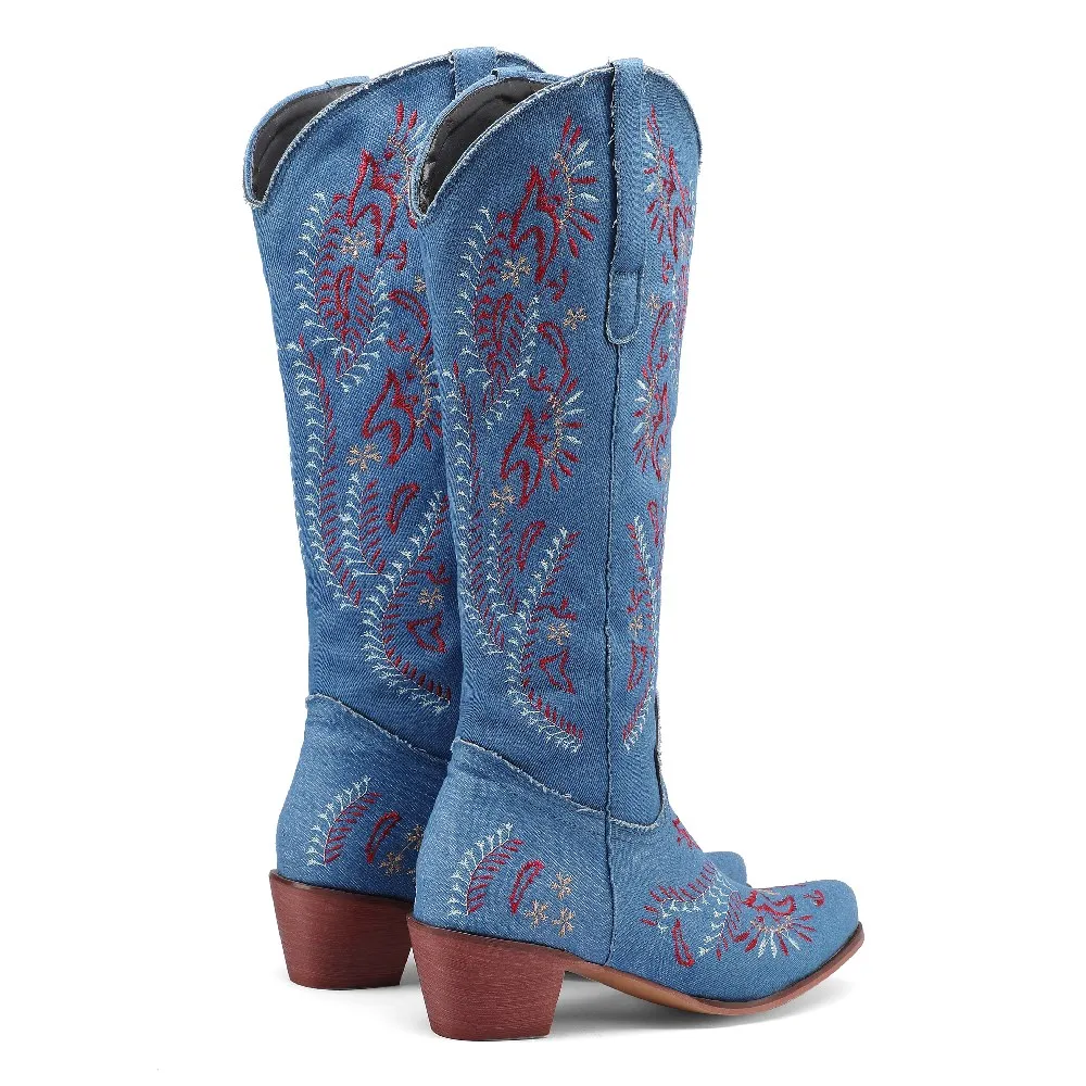 Blue Denim Western Cowgirl เข่ - Western Cowgirl Boot บทวิจารณ์และราคา
