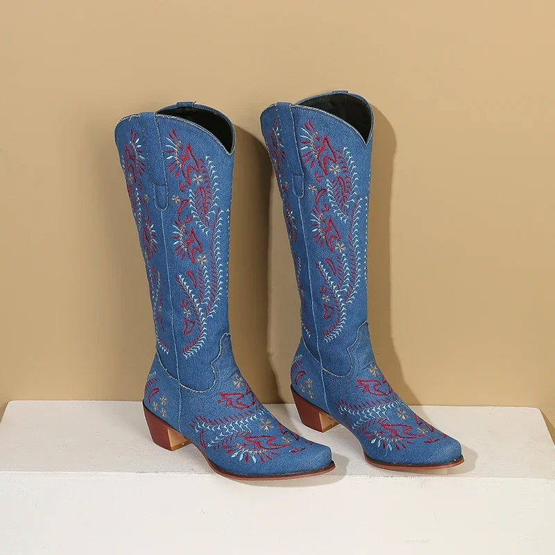 Blue Denim Western Cowgirl เข่ - Western Cowgirl Boot บทวิจารณ์และราคา